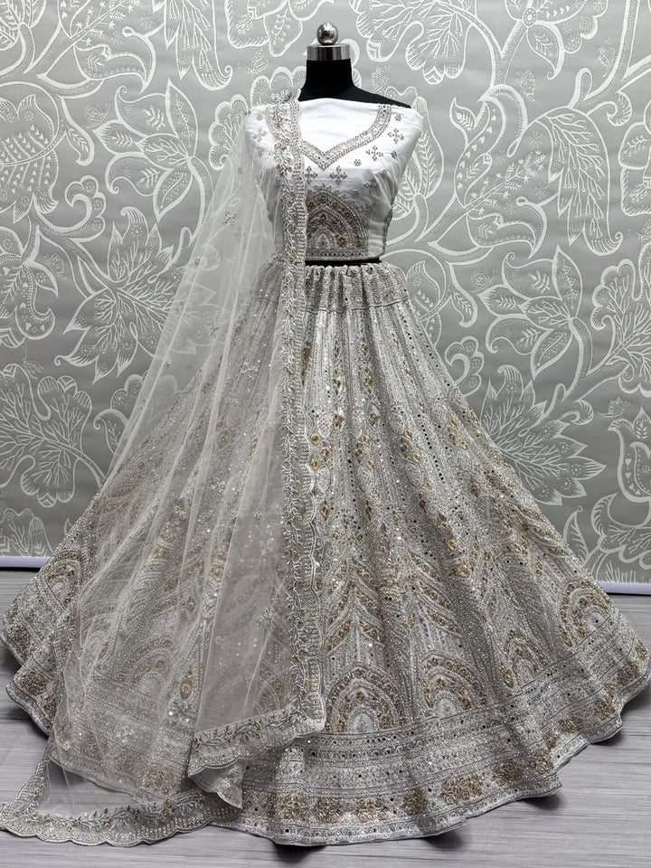 White Net Embroidered Lehenga Set | With Real Mirror & Zircon Work