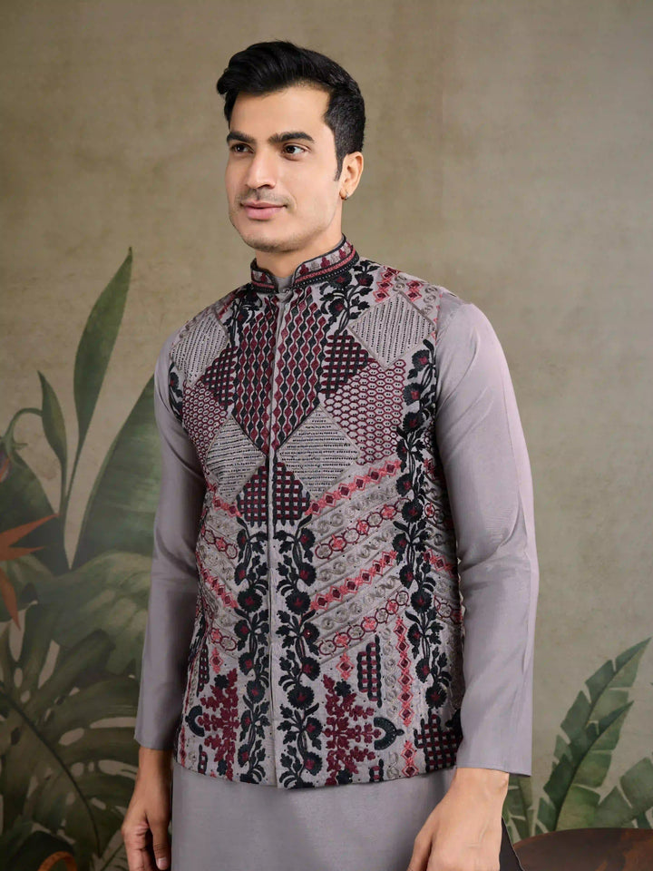Viscose Silk Kurta Jacket Set with Multy Thread Embroidery