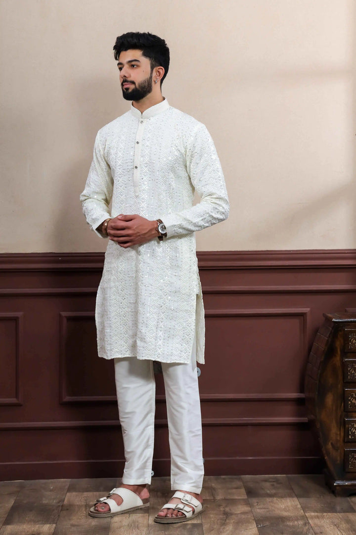 Designer White Viscose Kurta Set with Luxurious Embroidery