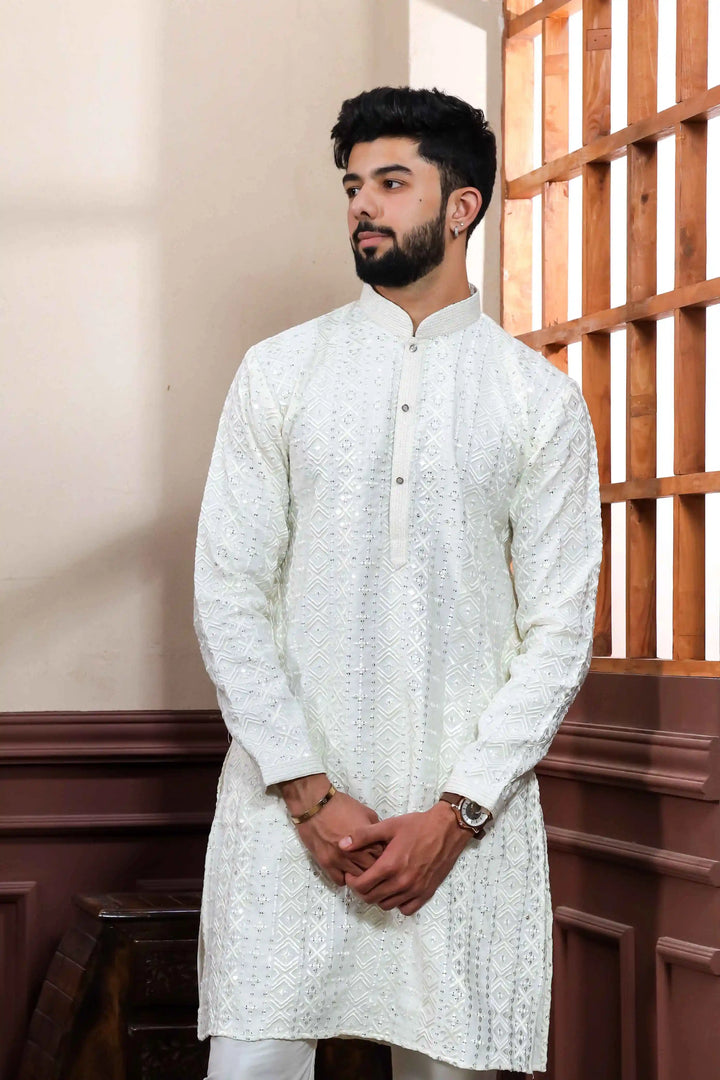 Designer White Viscose Kurta Set with Luxurious Embroidery