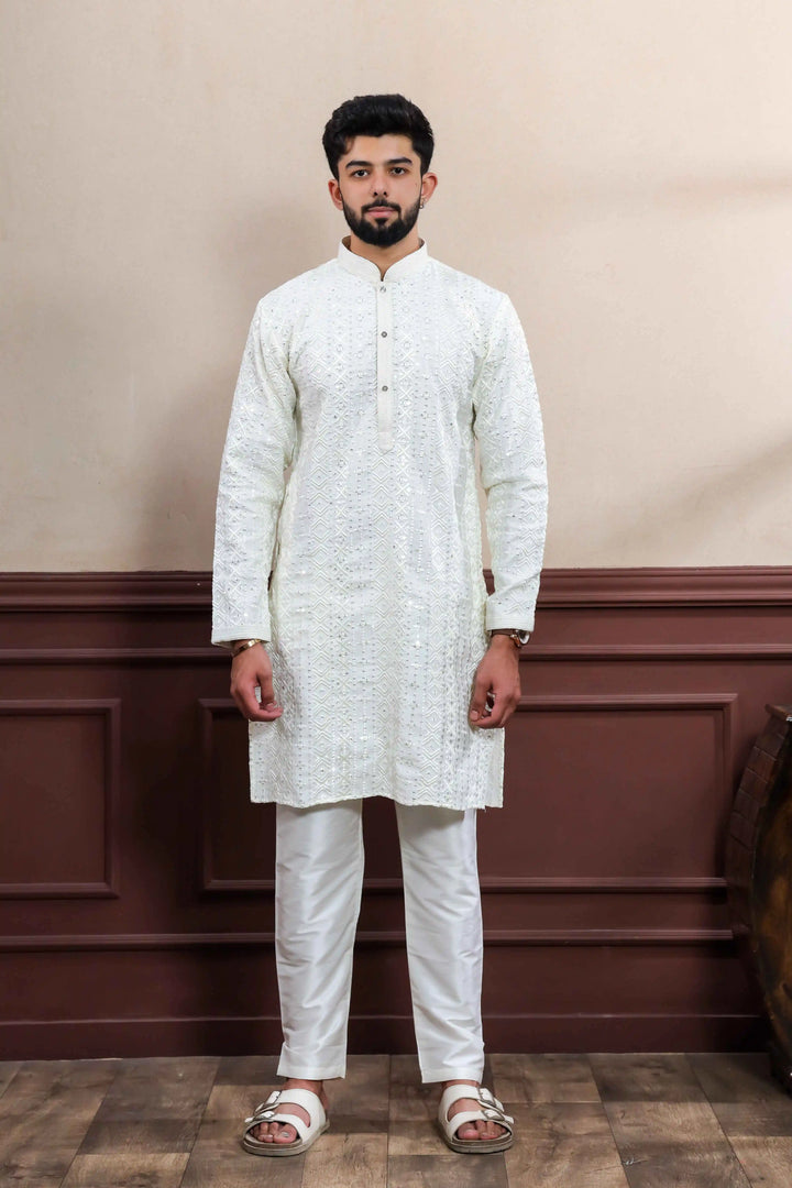 Designer White Viscose Kurta Set with Luxurious Embroidery