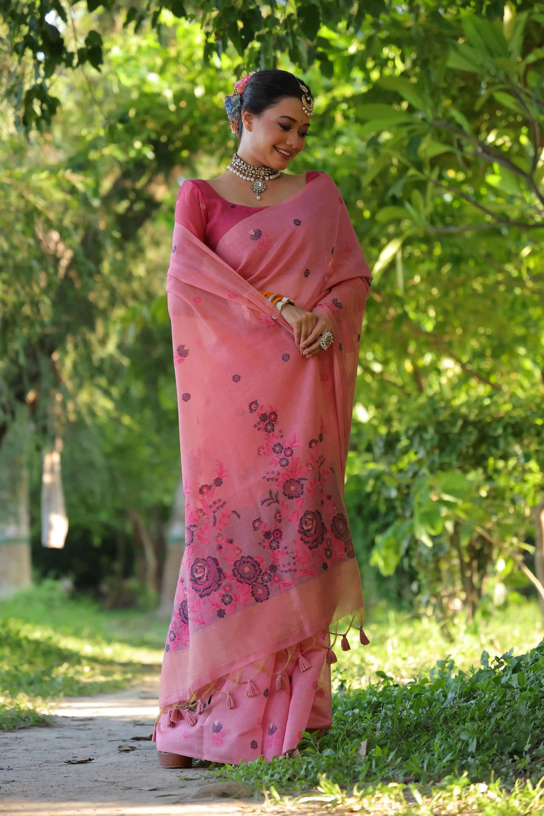 Premium Muga Cotton Saree with Intricate Floral Resham Weaving