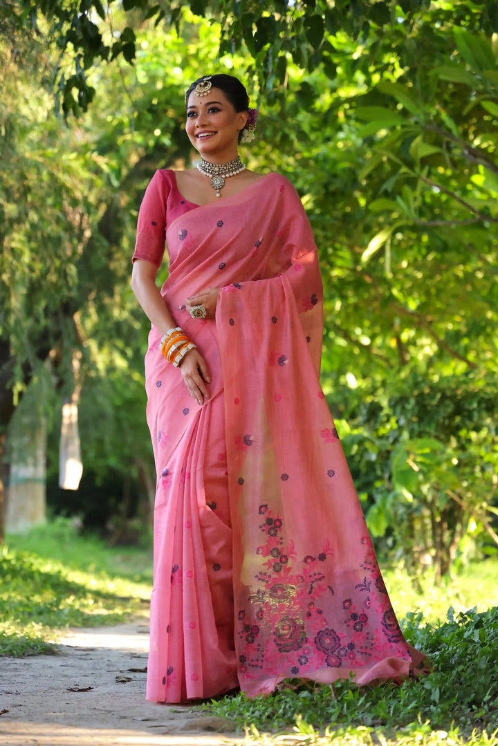 Premium Muga Cotton Saree with Intricate Floral Resham Weaving