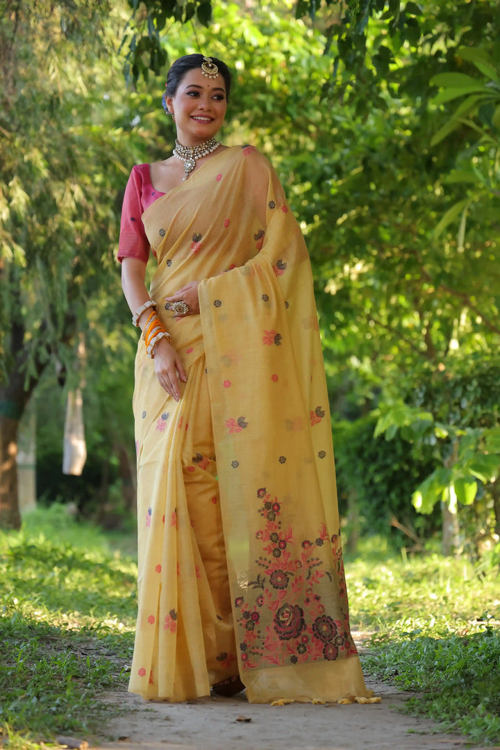 Premium Muga Cotton Saree with Intricate Floral Resham Weaving