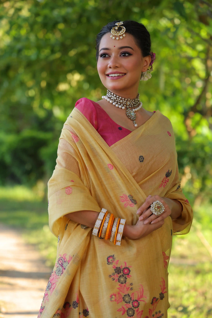 Premium Muga Cotton Saree with Intricate Floral Resham Weaving