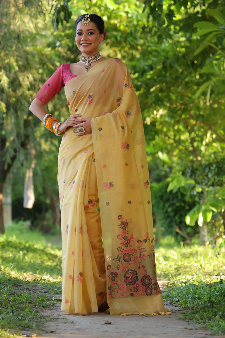 Premium Muga Cotton Saree with Intricate Floral Resham Weaving