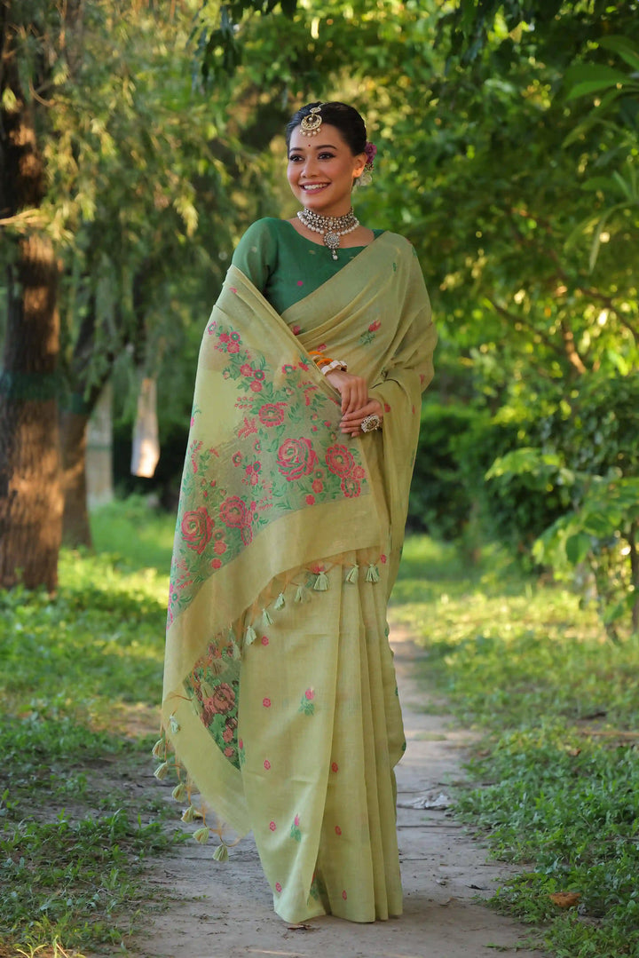 Premium Muga Cotton Saree with Intricate Floral Resham Weaving