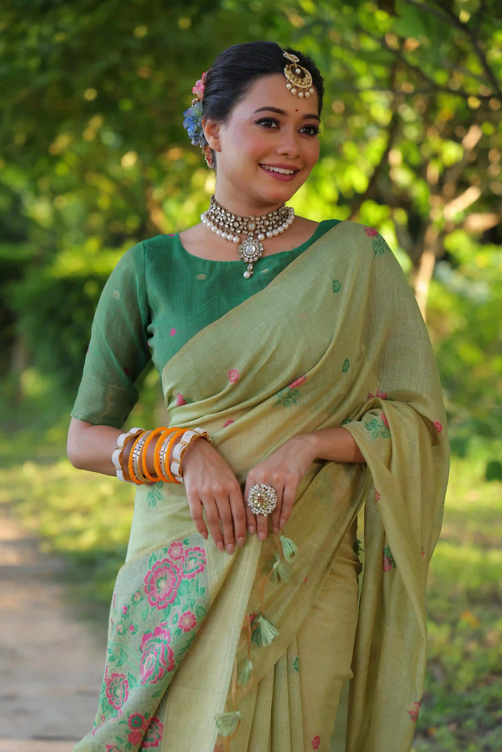 Premium Muga Cotton Saree with Intricate Floral Resham Weaving