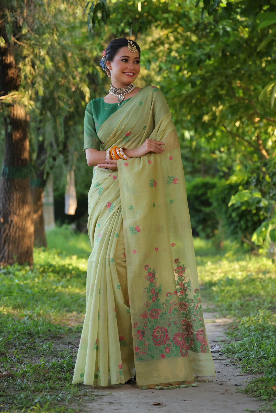 Premium Muga Cotton Saree with Intricate Floral Resham Weaving
