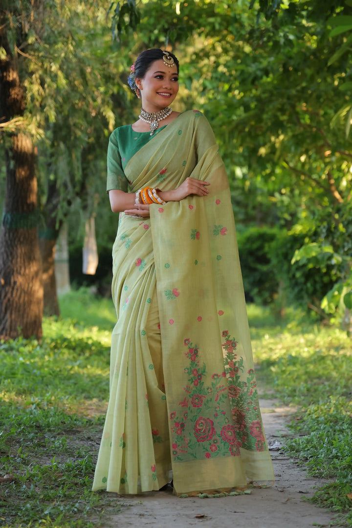 Premium Muga Cotton Saree with Intricate Floral Resham Weaving