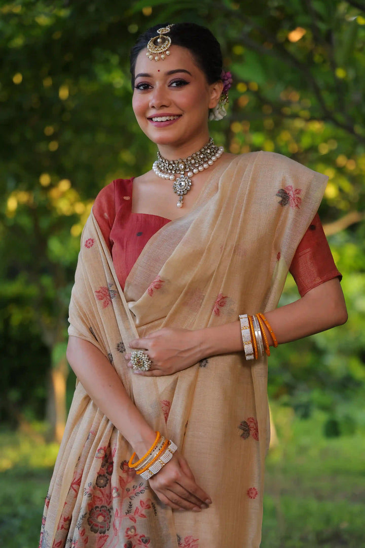 Premium Muga Cotton Saree with Intricate Floral Resham Weaving