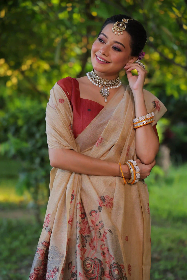 Premium Muga Cotton Saree with Intricate Floral Resham Weaving