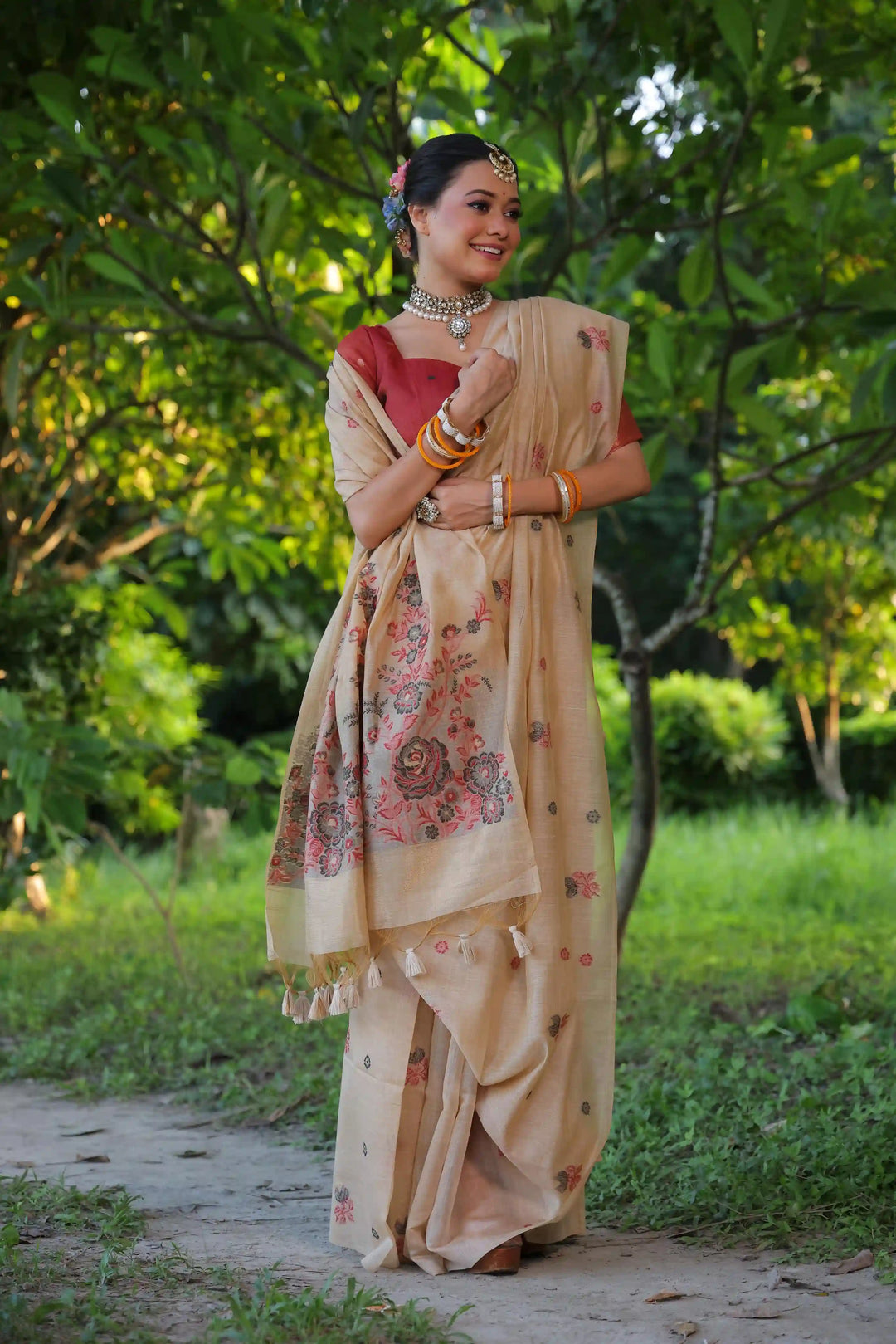 Premium Muga Cotton Saree with Intricate Floral Resham Weaving