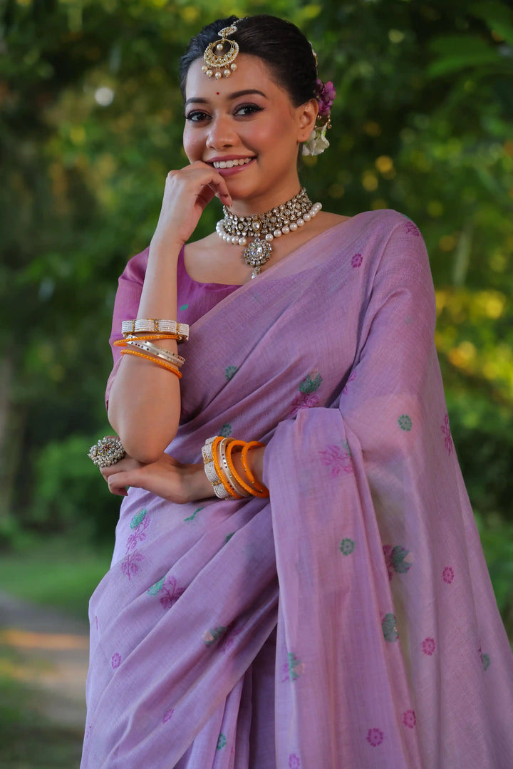 Premium Muga Cotton Saree with Intricate Floral Resham Weaving