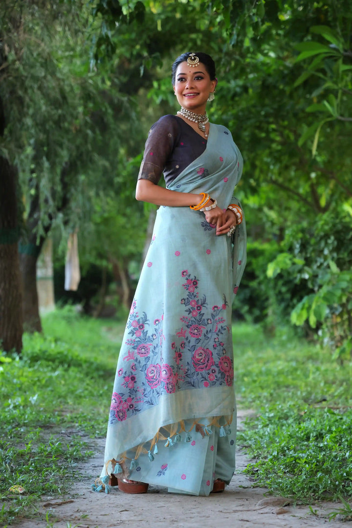 Premium Muga Cotton Saree with Intricate Floral Resham Weaving