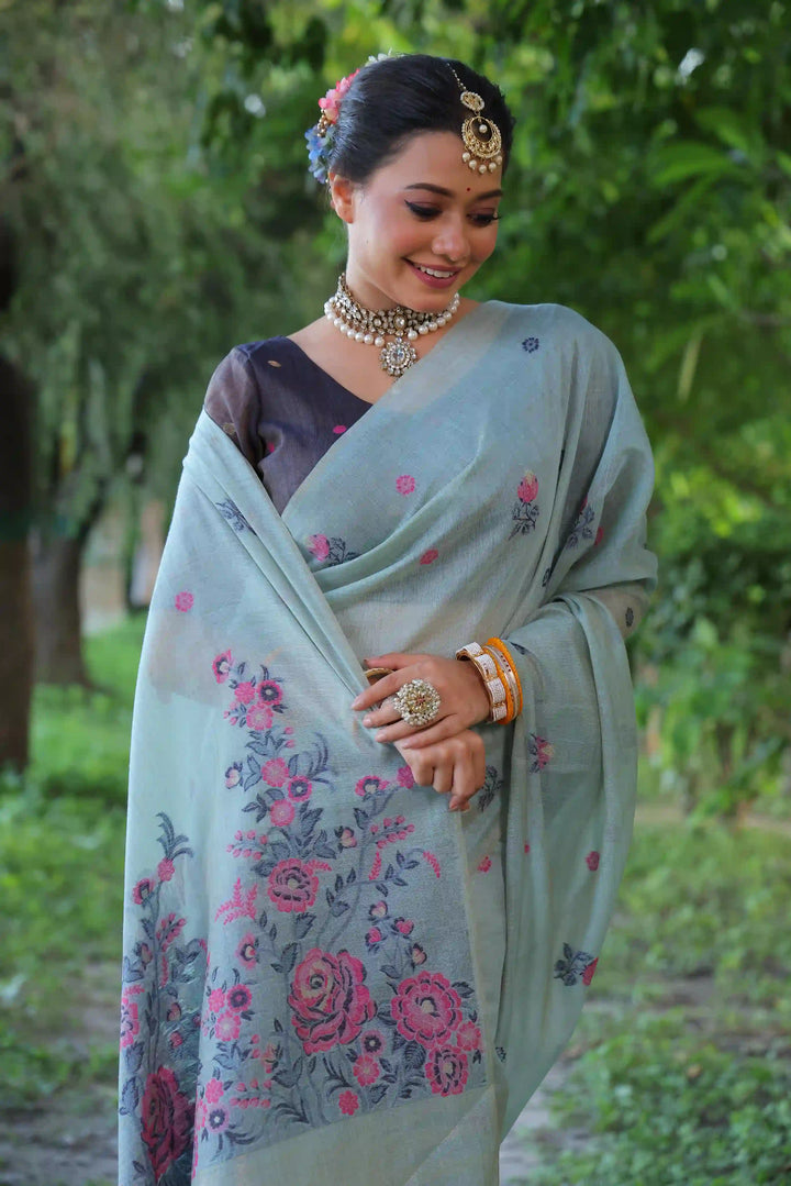 Premium Muga Cotton Saree with Intricate Floral Resham Weaving