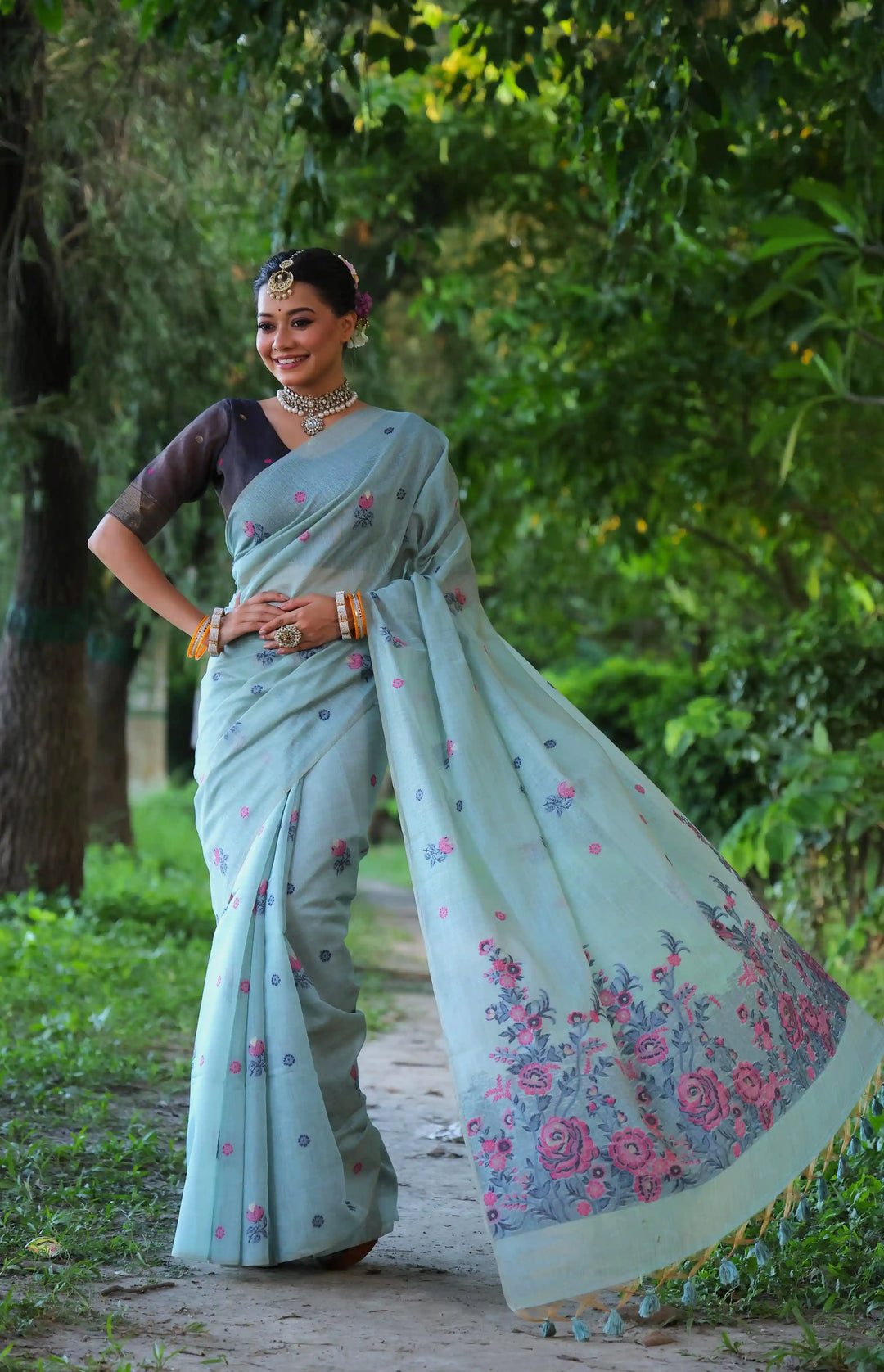 Premium Muga Cotton Saree with Intricate Floral Resham Weaving