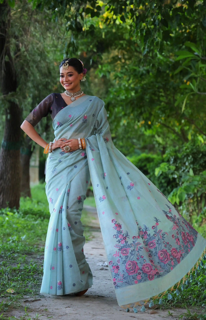 Premium Muga Cotton Saree with Intricate Floral Resham Weaving