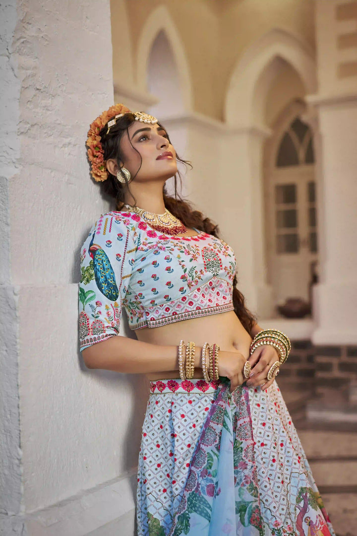 Graceful Sky Blue Lehenga Set with Organza Dupatta