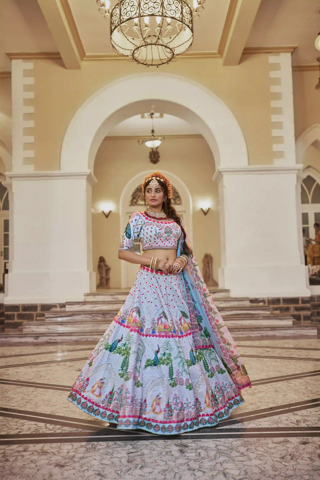Graceful Sky Blue Lehenga Set with Organza Dupatta