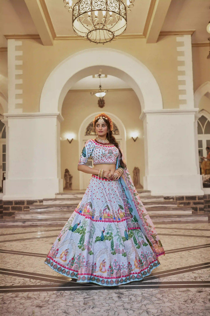Graceful Sky Blue Lehenga Set with Organza Dupatta