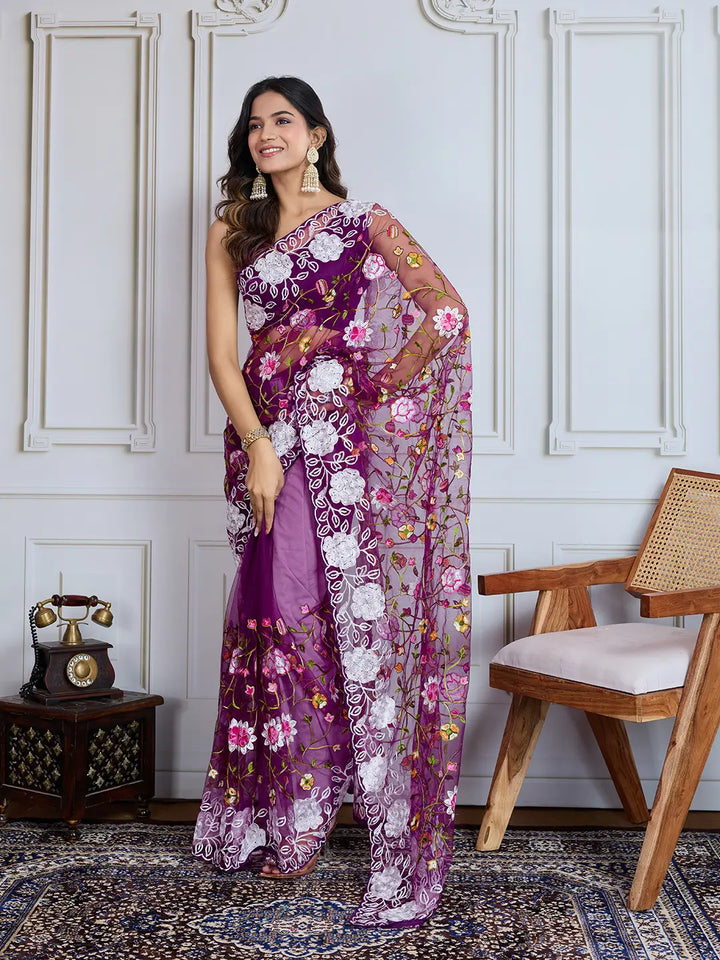 Designer Soft Net Embroidered Saree with Mono Banglori Blouse
