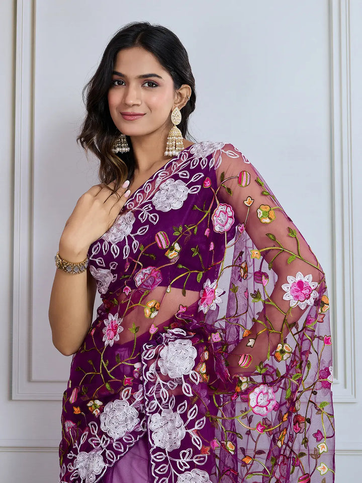 Designer Soft Net Embroidered Saree with Mono Banglori Blouse