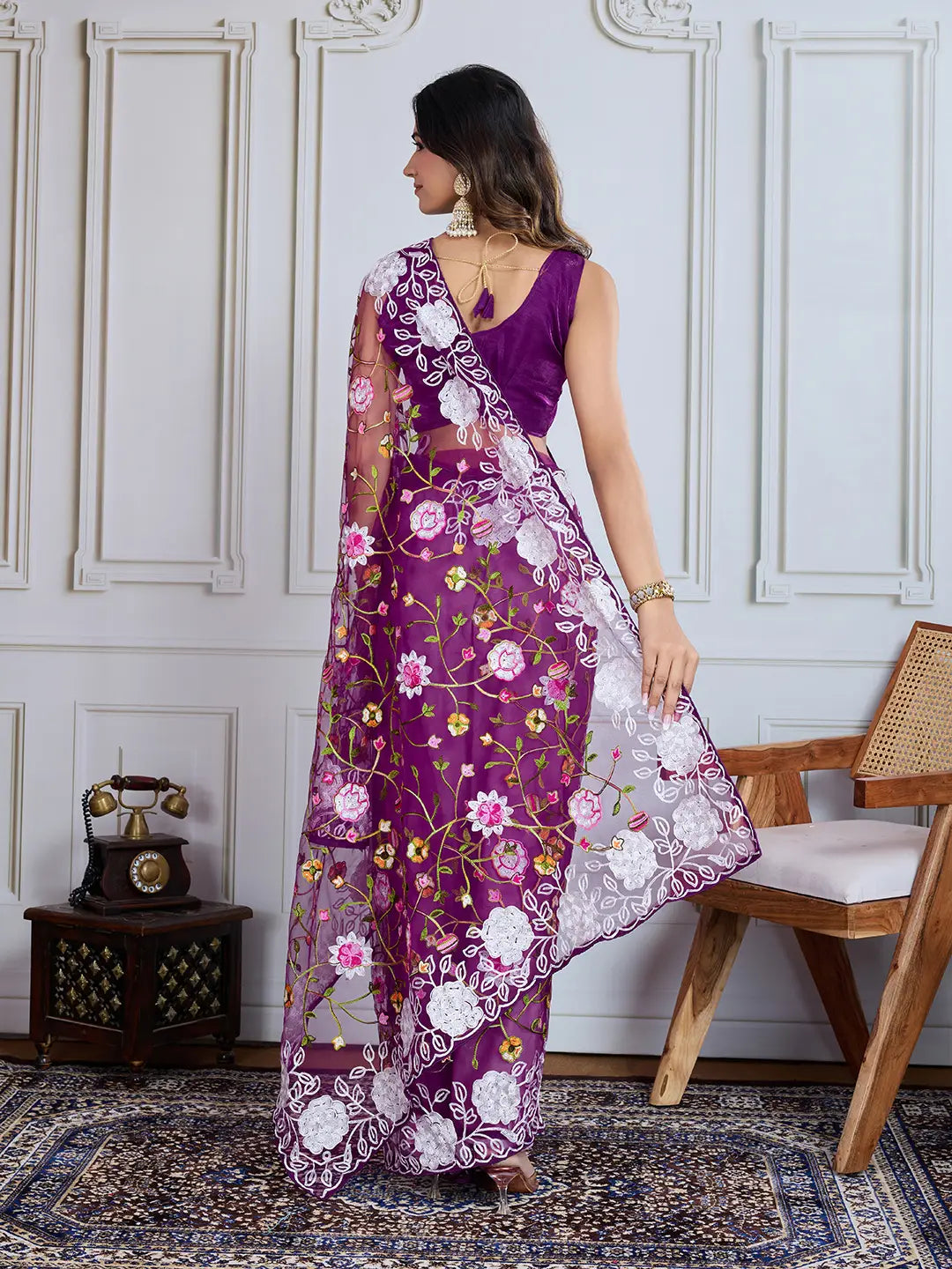 Designer Soft Net Embroidered Saree with Mono Banglori Blouse