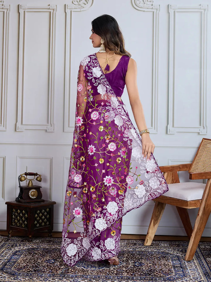 Designer Soft Net Embroidered Saree with Mono Banglori Blouse