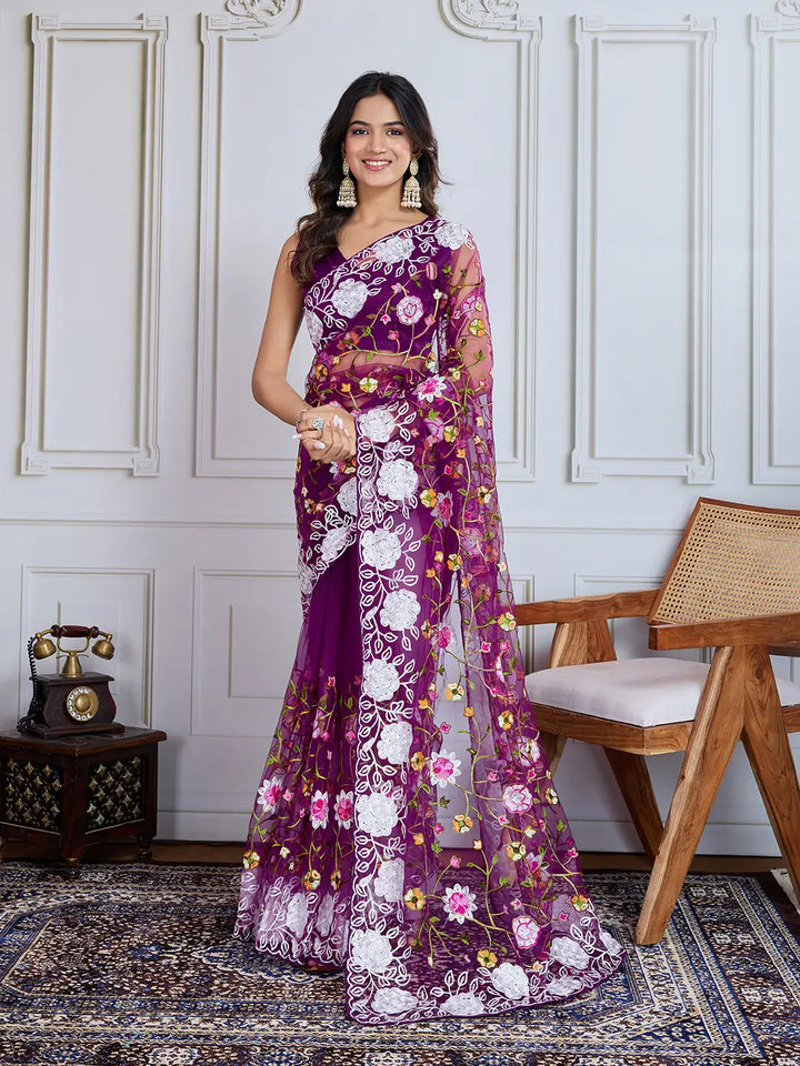 Designer Soft Net Embroidered Saree with Mono Banglori Blouse