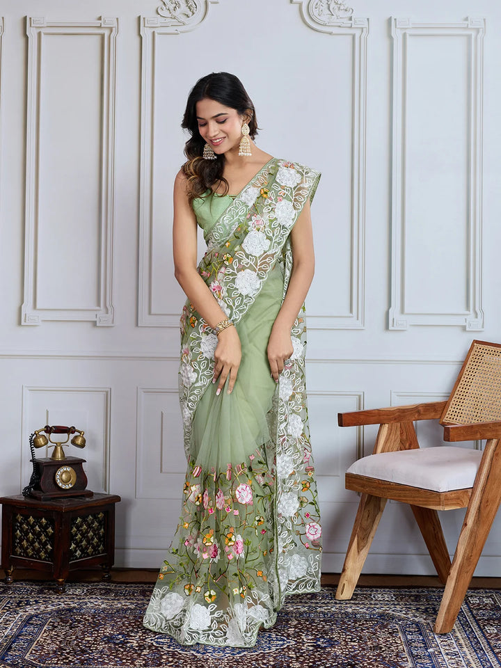 Designer Soft Net Embroidered Saree with Mono Banglori Blouse