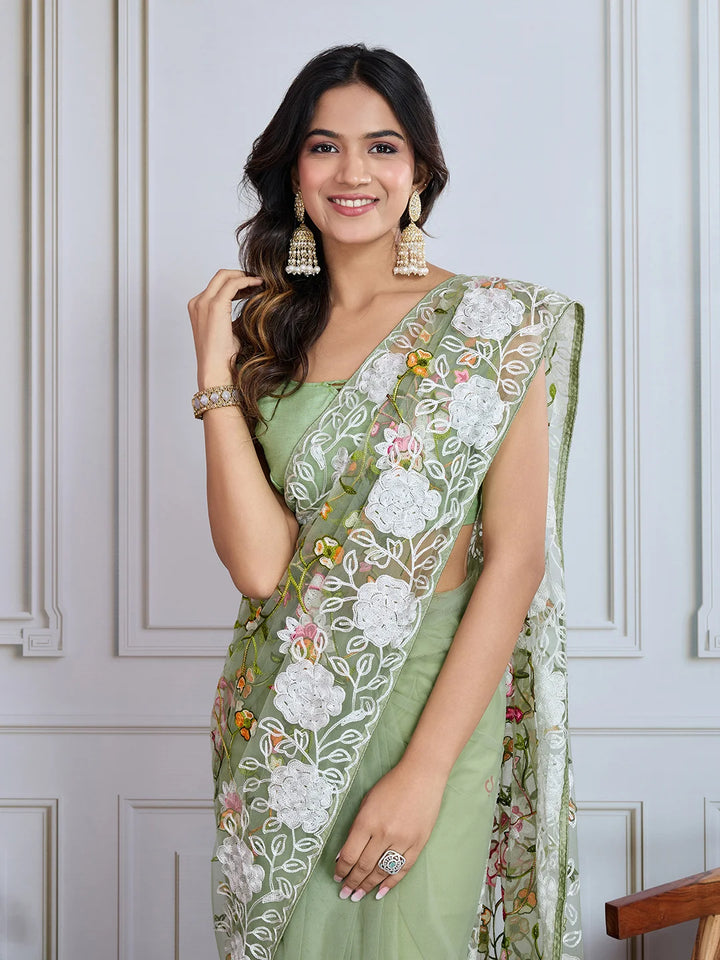 Designer Soft Net Embroidered Saree with Mono Banglori Blouse
