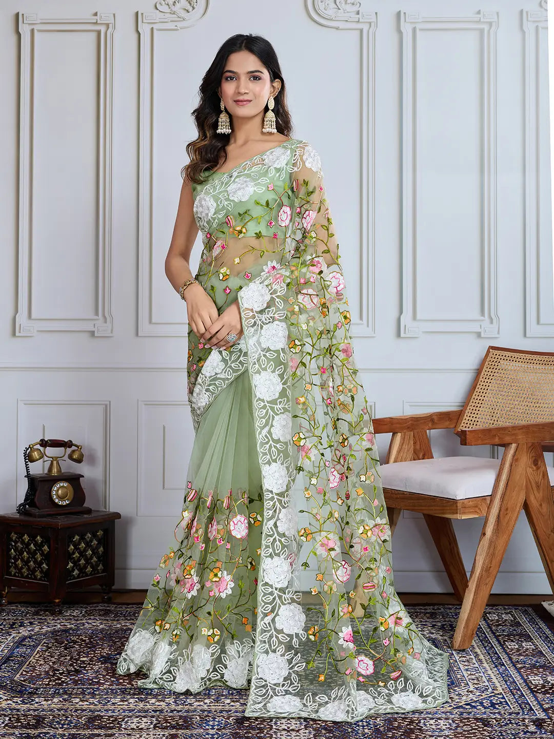 Designer Soft Net Embroidered Saree with Mono Banglori Blouse