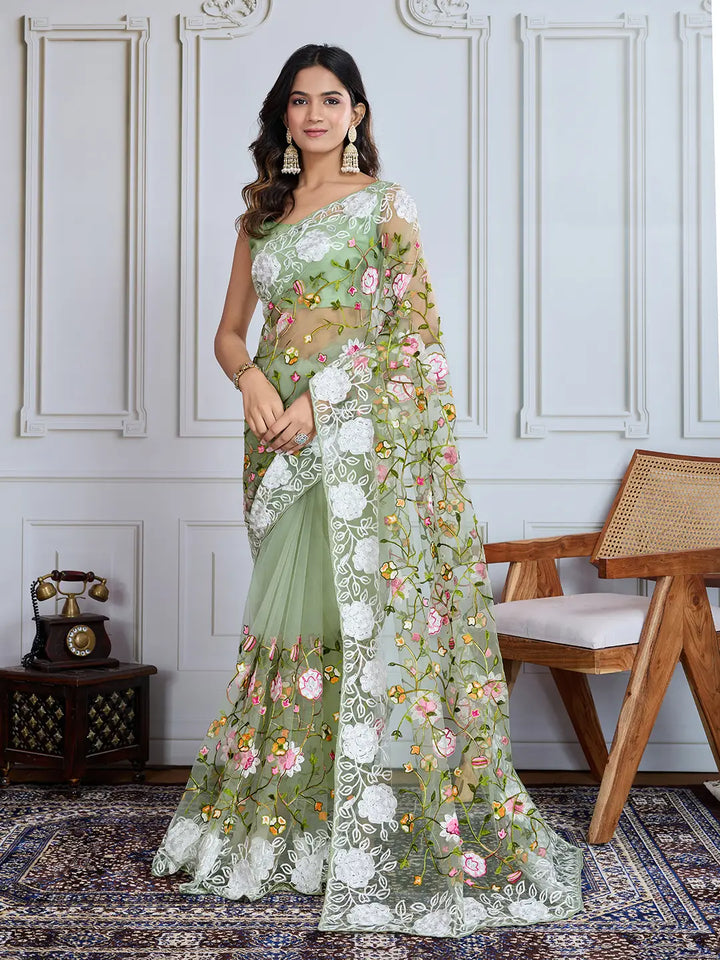 Designer Soft Net Embroidered Saree with Mono Banglori Blouse