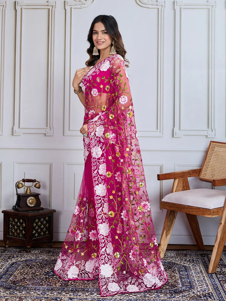 Designer Soft Net Embroidered Saree with Mono Banglori Blouse