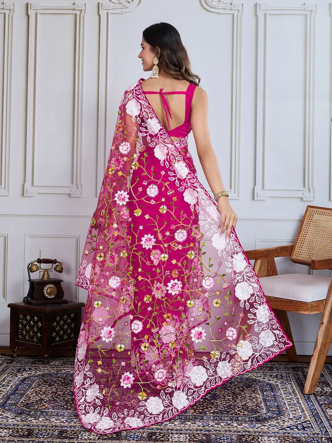 Designer Soft Net Embroidered Saree with Mono Banglori Blouse
