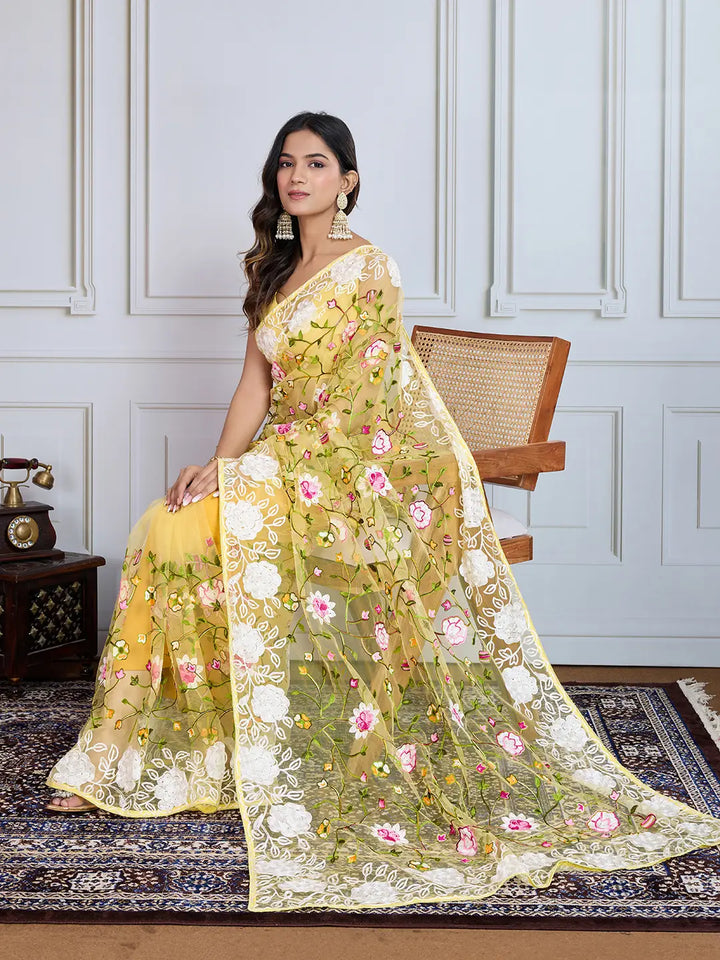 Designer Soft Net Embroidered Saree with Mono Banglori Blouse