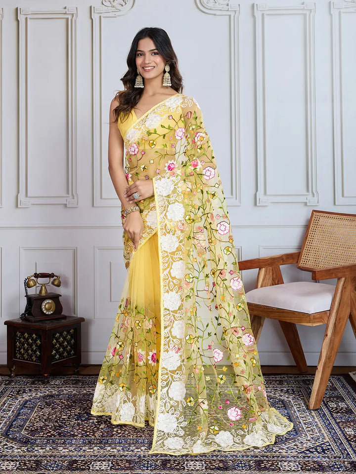 Designer Soft Net Embroidered Saree with Mono Banglori Blouse