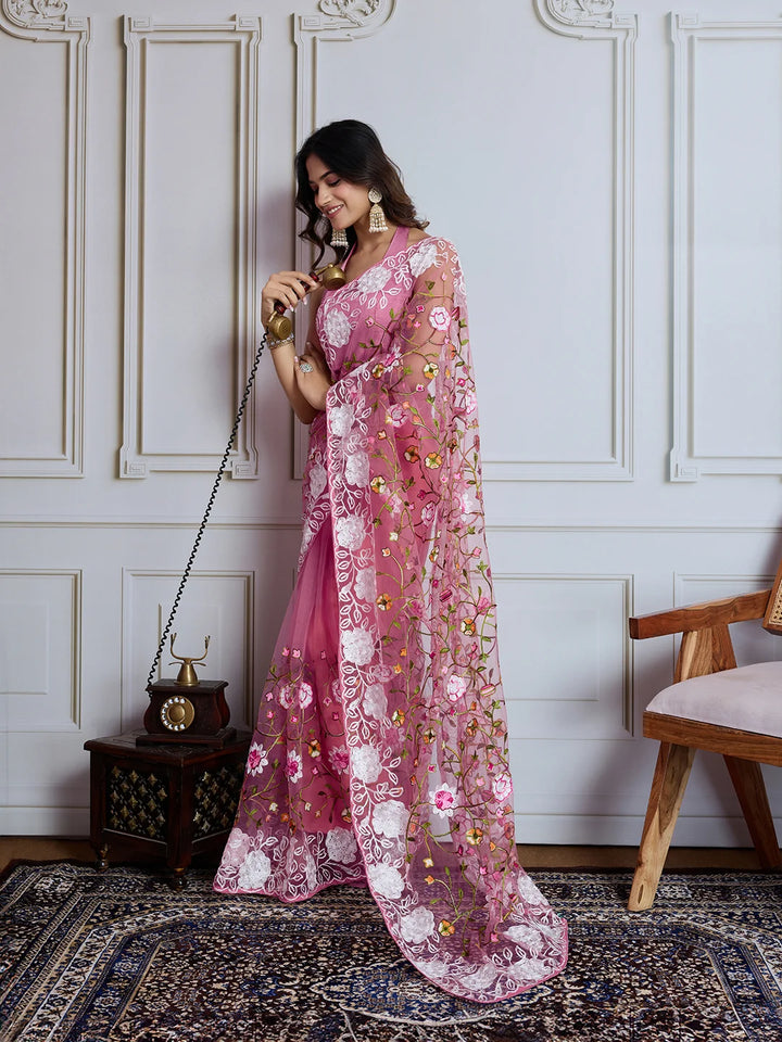 Designer Soft Net Embroidered Saree with Mono Banglori Blouse