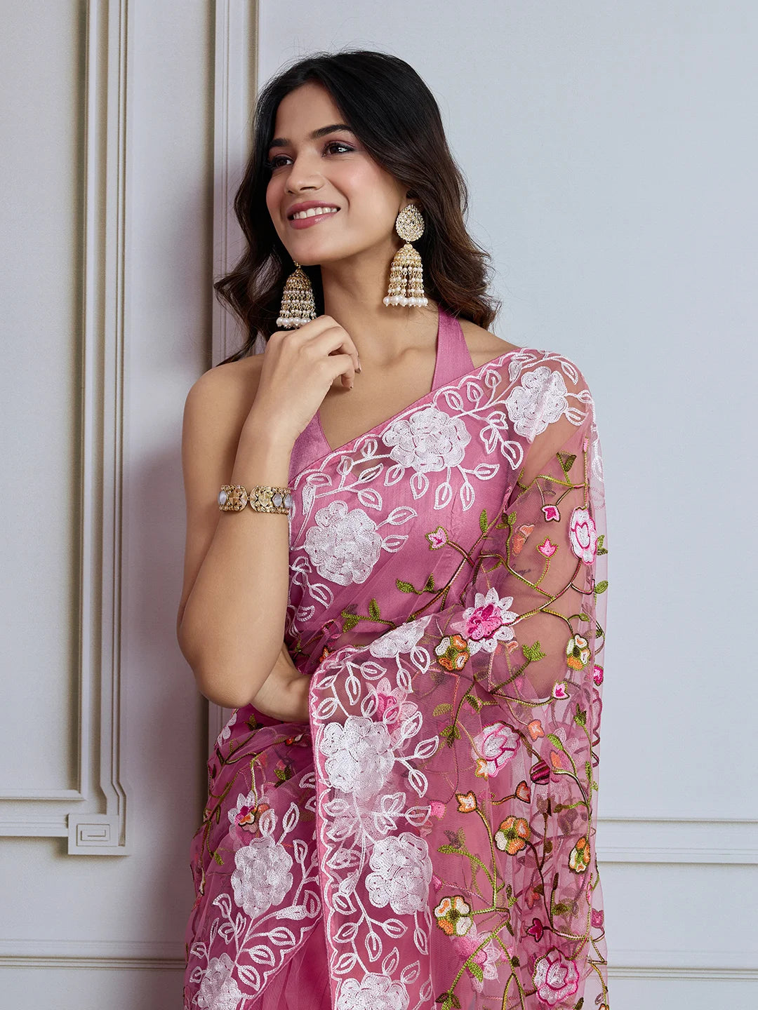 Designer Soft Net Embroidered Saree with Mono Banglori Blouse
