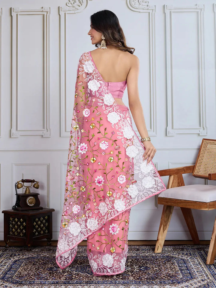 Designer Soft Net Embroidered Saree with Mono Banglori Blouse