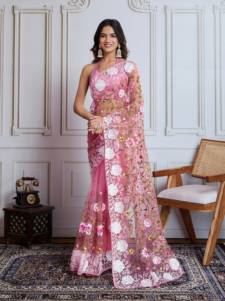 Designer Soft Net Embroidered Saree with Mono Banglori Blouse