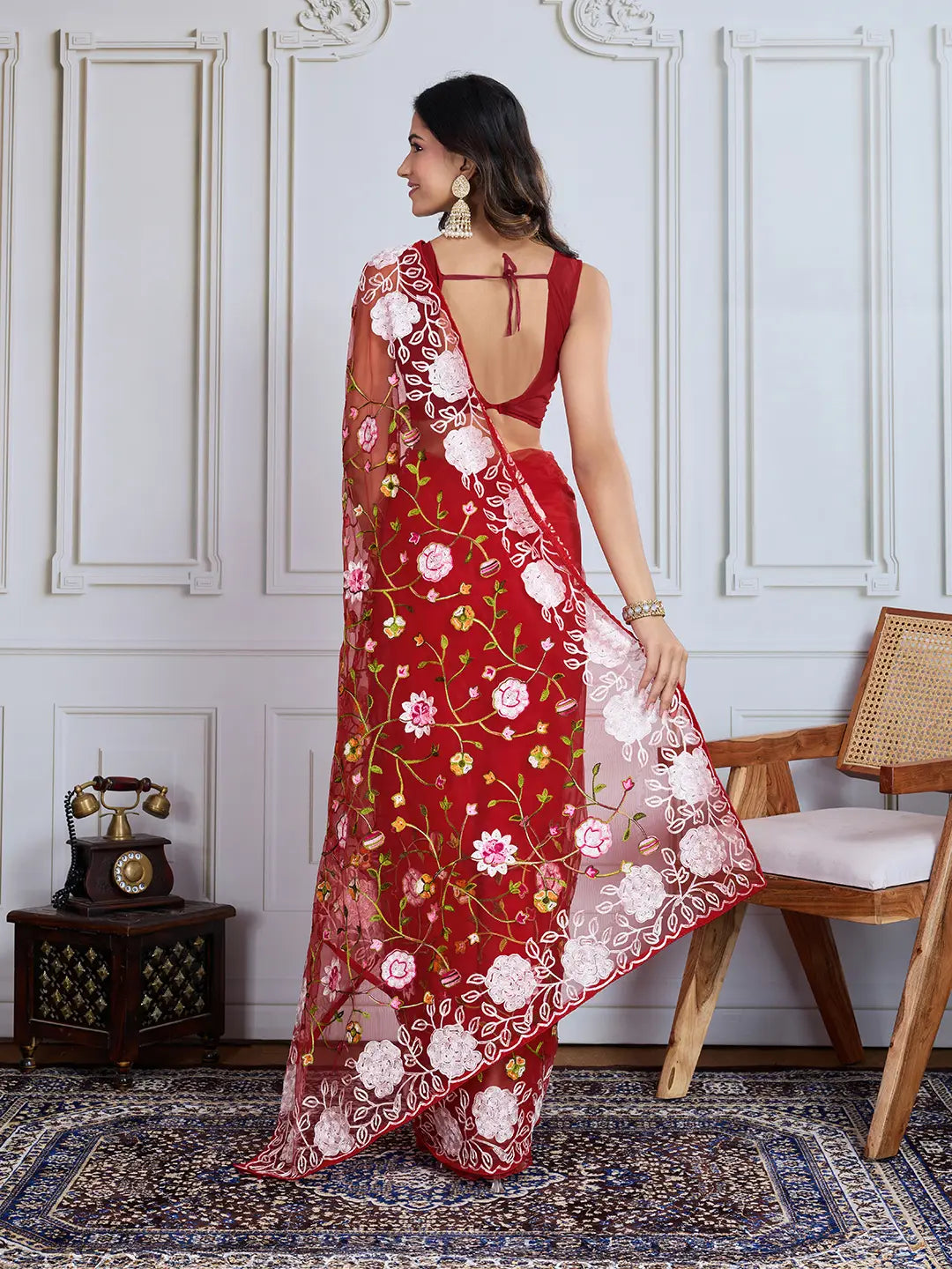 Designer Soft Net Embroidered Saree with Mono Banglori Blouse