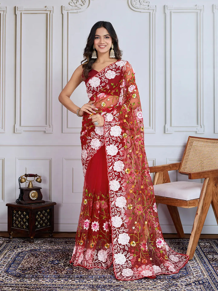 Designer Soft Net Embroidered Saree with Mono Banglori Blouse