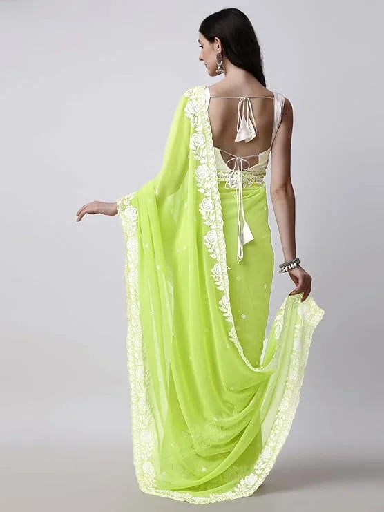 Lime Green Georgette Party Wear Saree with Embroidery & Satin Silk Blouse