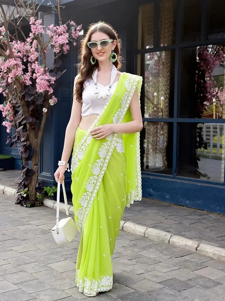 Lime Green Georgette Party Wear Saree with Embroidery & Satin Silk Blouse
