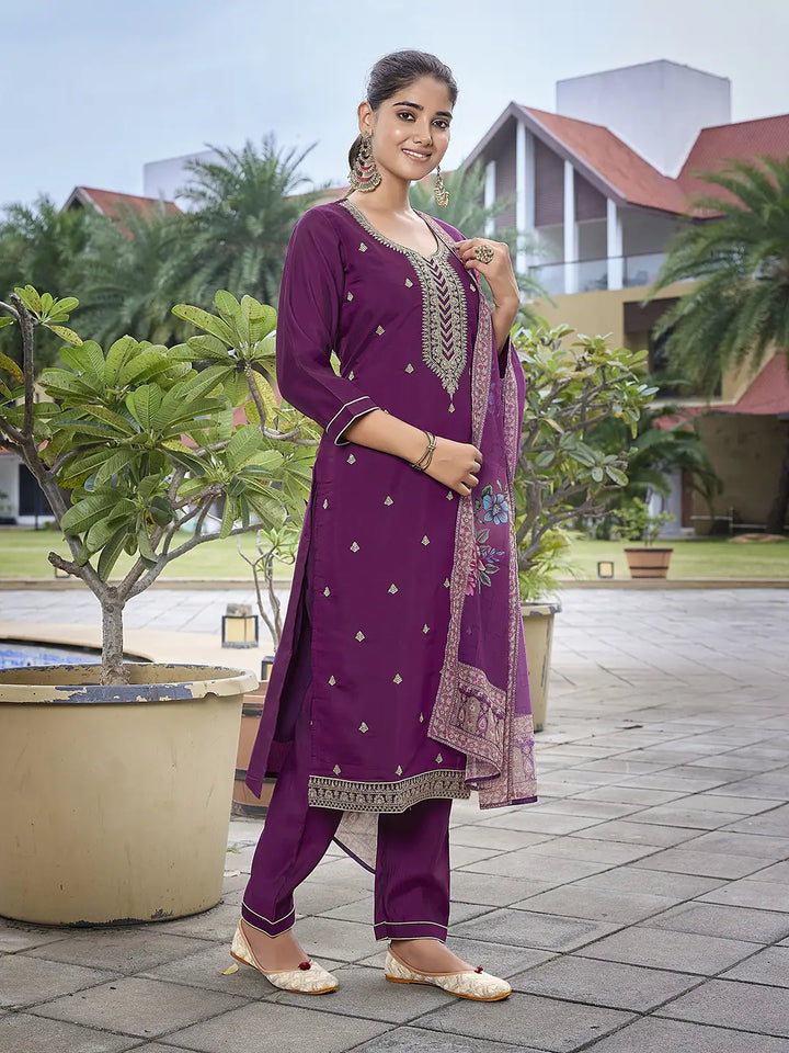 Purple Viscose Chanderi Suit Set with Organza Dupatta – Readymade Set