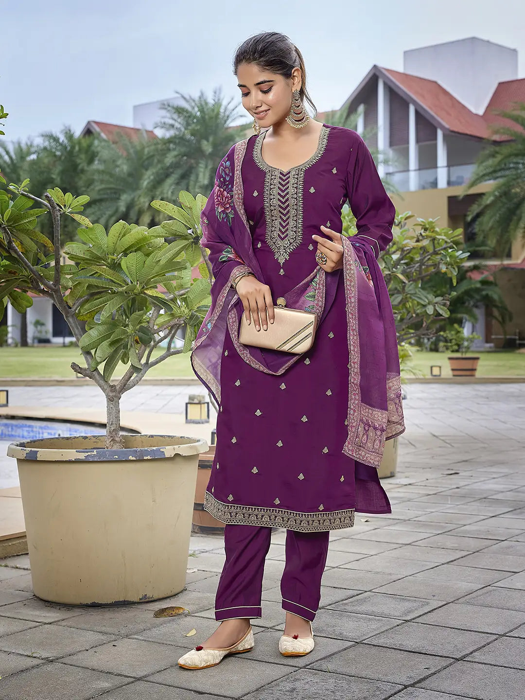 Purple Viscose Chanderi Suit Set with Organza Dupatta – Readymade Set