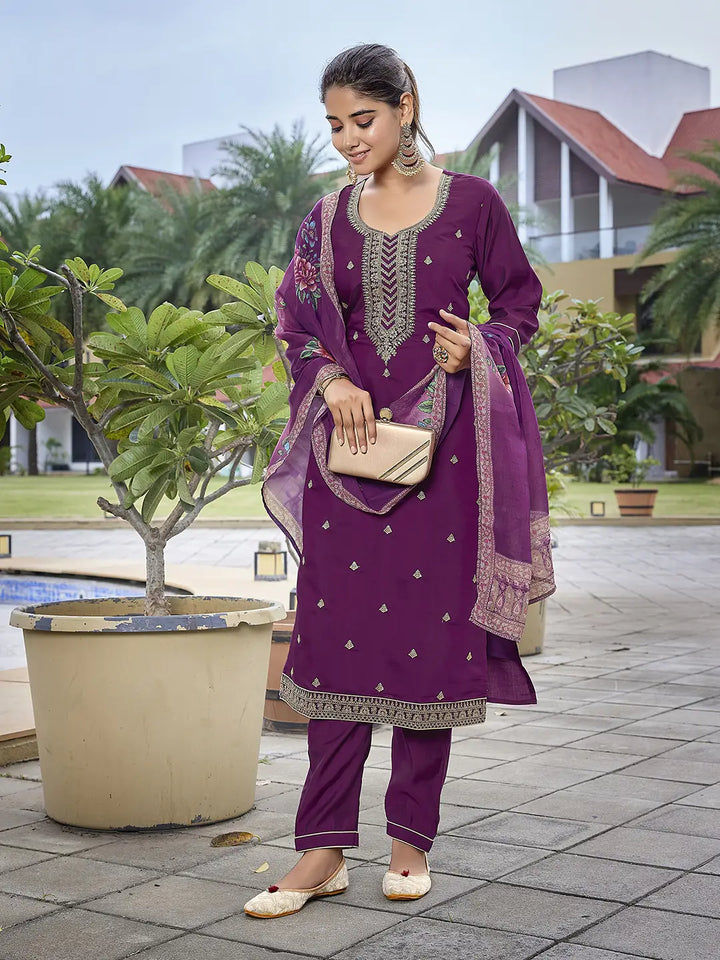 Purple Viscose Chanderi Suit Set with Organza Dupatta – Readymade Set