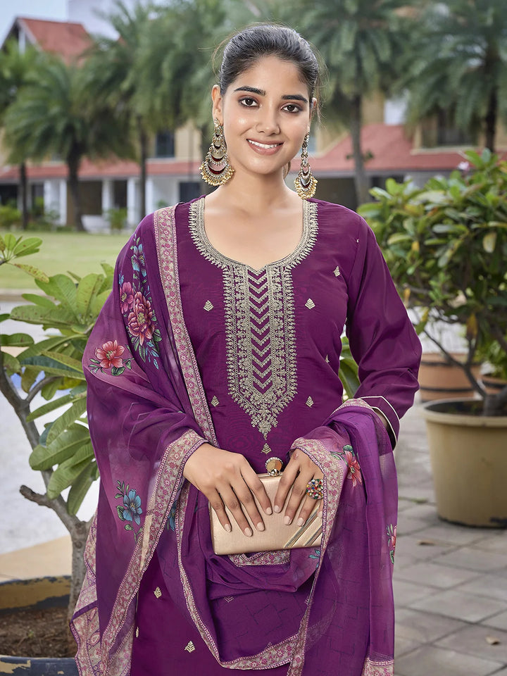 Purple Viscose Chanderi Suit Set with Organza Dupatta – Readymade Set